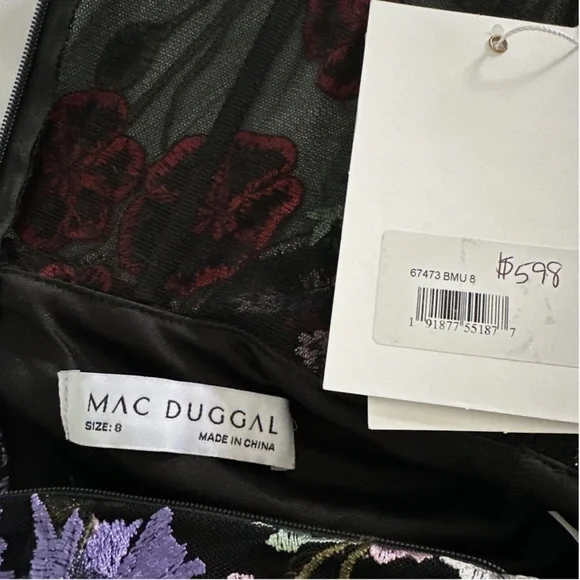NWT $598 Mac Duggal‎ [ 8 ] Floral Lace Embroidered Sweetheart Gown Black Red - Picture 5 of 16